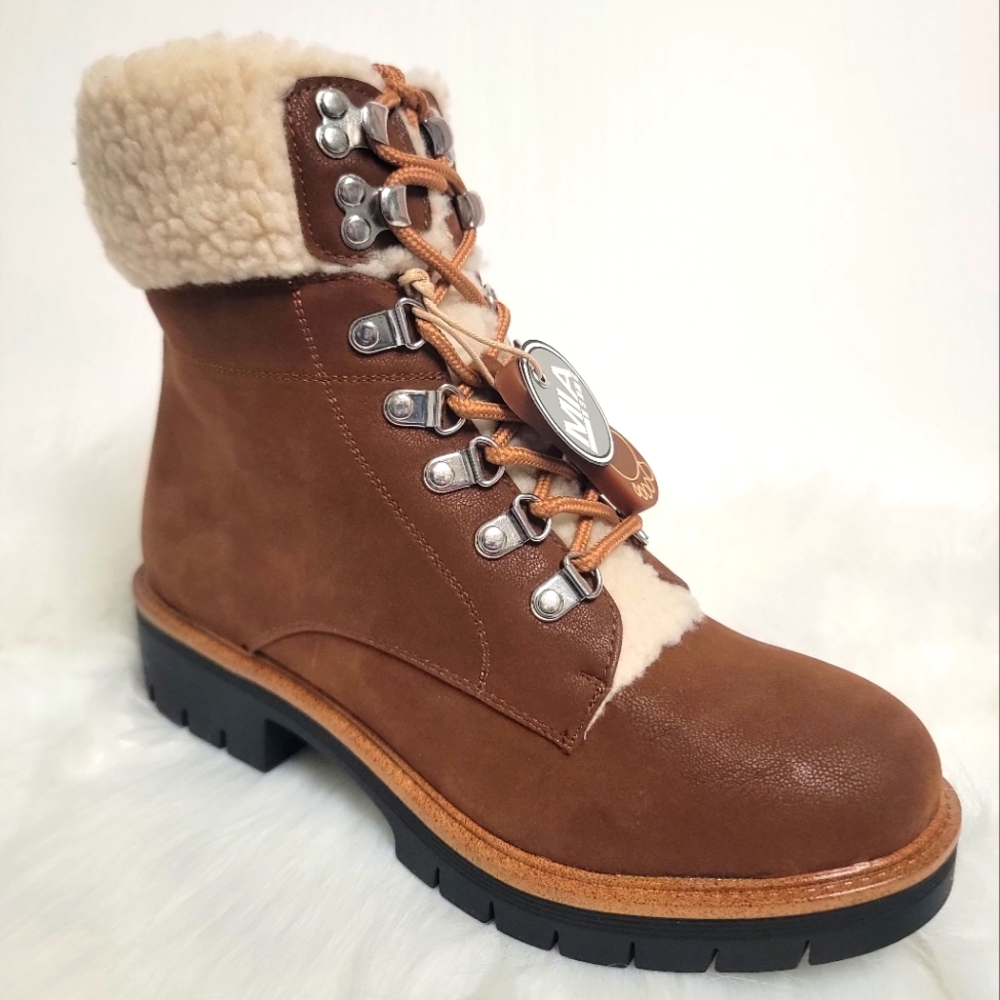 MIA Cognac Brown Lace-up Faux Shearling Round Toe Lug Sole Boot - 8M